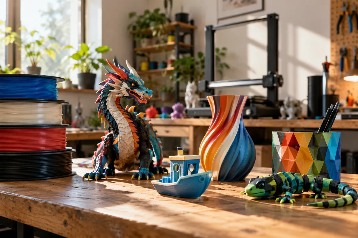 Barevné 3D výtisky a cívky filamentu v dílně – ukázka možností Anycubic Color Engine Pro