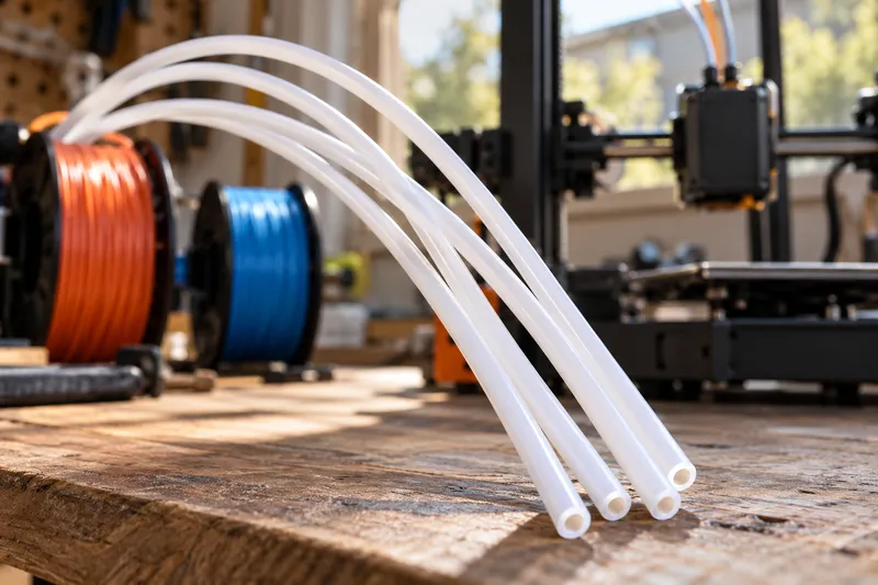Bílé PTFE trubičky určené pro plynulé vedení filamentu do 3D tiskárny.