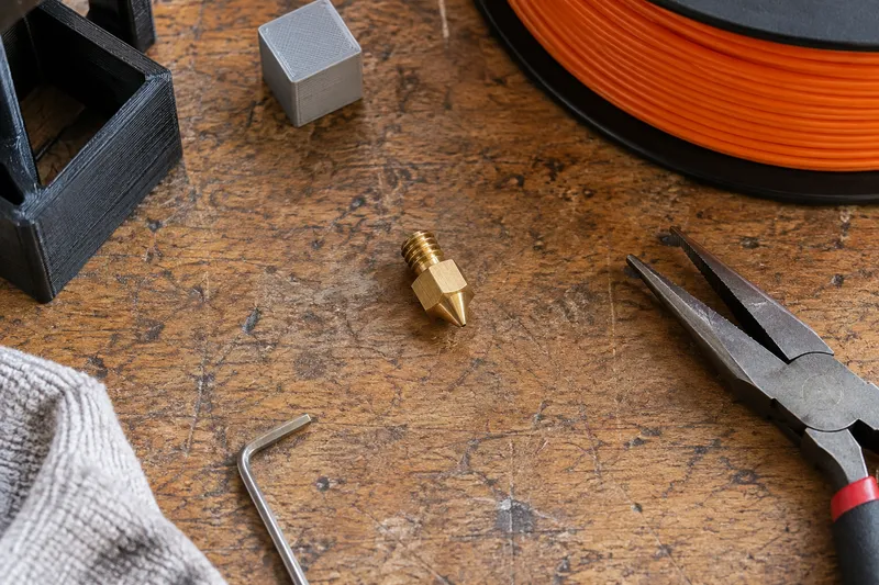 Mosazná tryska pro FDM 3D tiskárnu na pracovní desce.