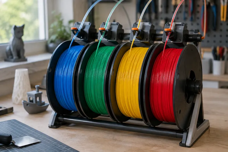 Čtyři cívky barevného plastového filamentu pro 3D tisk umístěné na držáku.