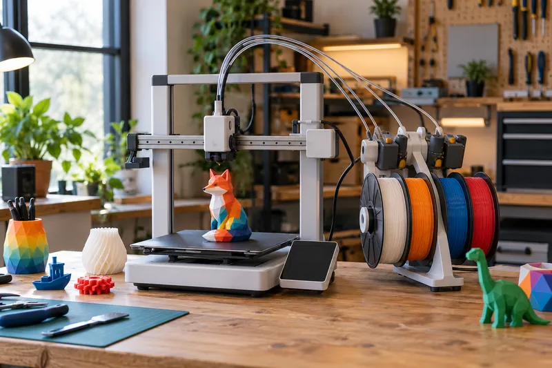 3D tiskárna Bambu Lab A1 s vícebarevným tiskem a cívkami filamentu na stole