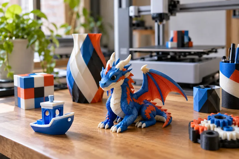Barevné 3D výtisky – drak, váza, loď a kostky – na stole u 3D tiskárny