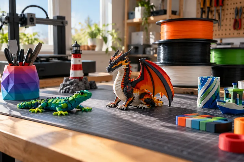 Pracovní stůl s vícebarevnými 3D výtisky, cívkami filamentu a nástroji pro 3D tisk