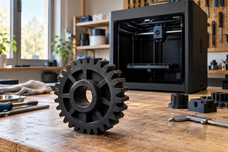 Černý ozubený díl z termoplastu ABS vyrobený na 3D tiskárně.