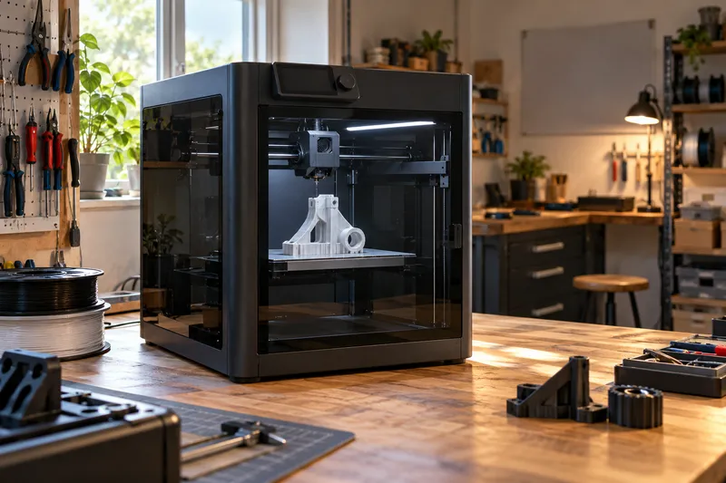 Uzavřená CoreXY 3D tiskárna Bambu Lab P1S na pracovním stole v dílně