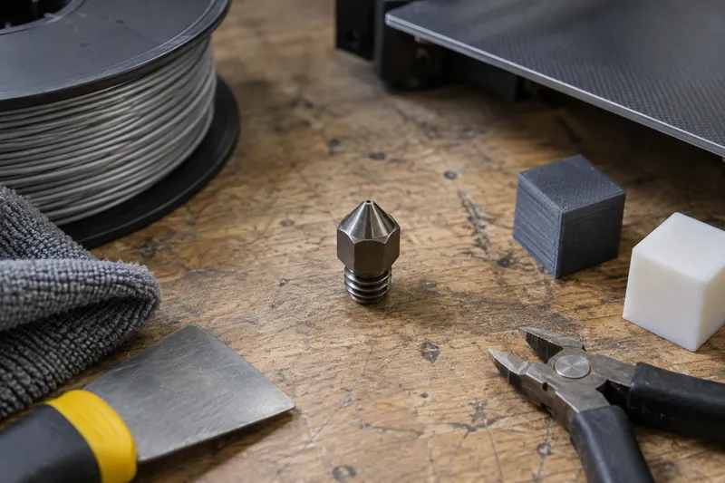Kovová kalená tryska pro extruder 3D tiskárny.