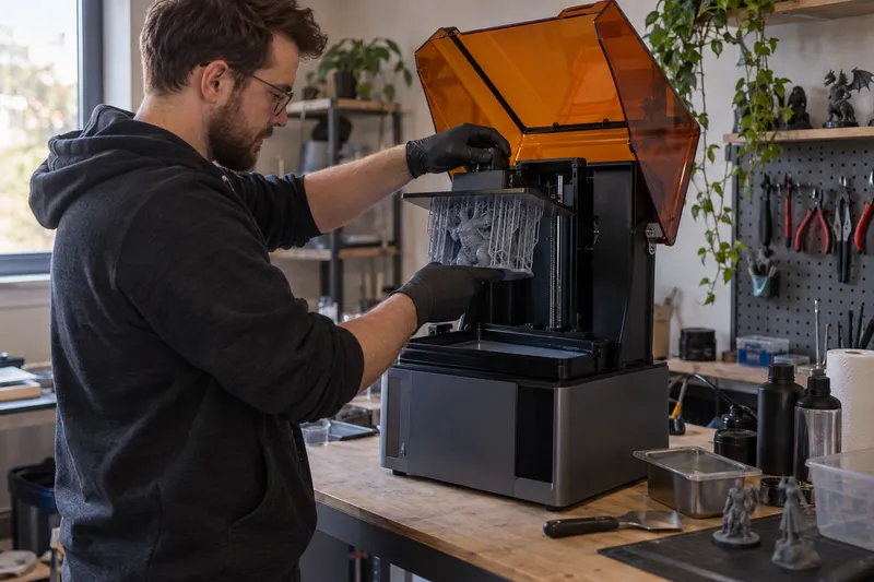 Stolní resinová 3D tiskárna s odklopeným horním krytem na pracovním stole