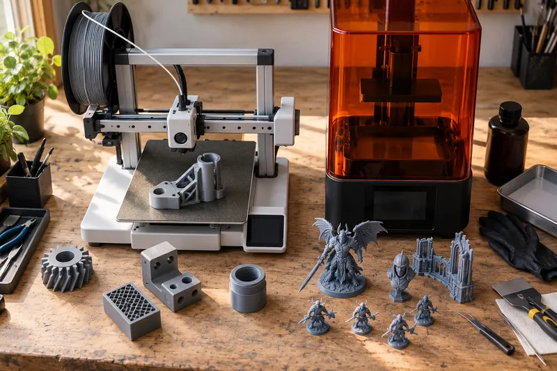 FDM a pryskyřicová 3D tiskárna s hotovými výtisky na dílenském stole