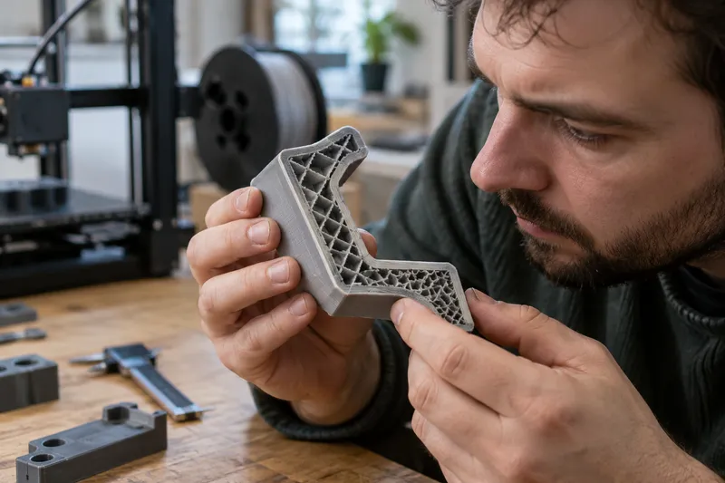 Nedokončený 3D tištěný plastový díl s viditelnou vnitřní mřížkou výplně a obvodovými stěnami