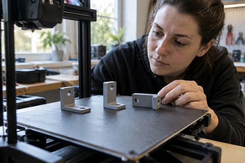 Tři stejné 3D tištěné plastové díly položené naplocho, na hranu a nastojato na tiskové podložce