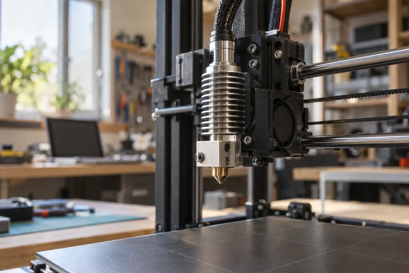 Kovový hotend 3D tiskárny s chladičem, topným blokem a tryskou.