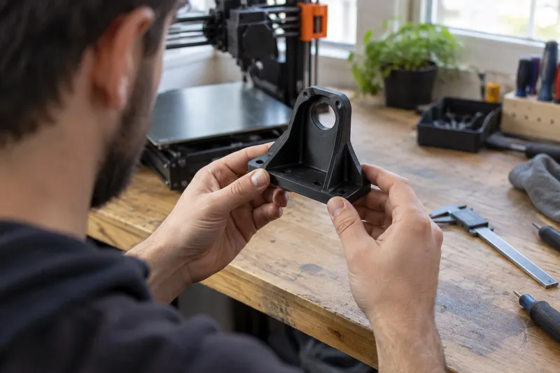 Černý mechanický díl vytištěný na 3D tiskárně položený na dřevěném pracovním stole