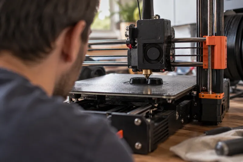 Mosazná tryska 3D tiskárny nanášející černý filament na zrnitý tiskový plát
