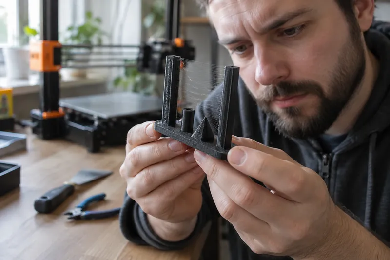 Vytištěný plastový model s patrnými stopami stringingu mezi jednotlivými částmi.
