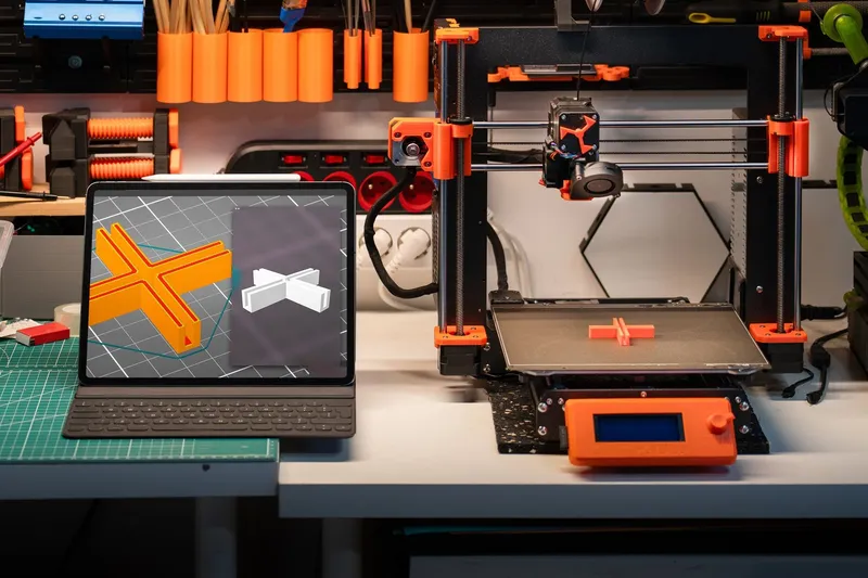 3D tiskárna na stole vedle monitoru s trojrozměrným modelem