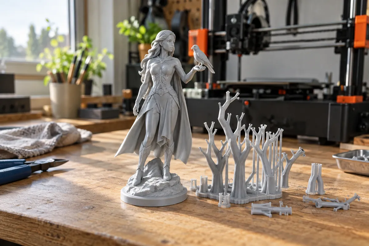3D tištěná figurka se stromovými podporami na stole u tiskárny