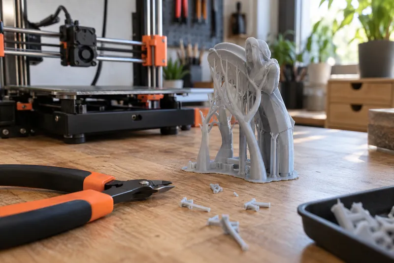 Štípací kleště položené vedle plastového 3D výtisku s podpěrnými strukturami.