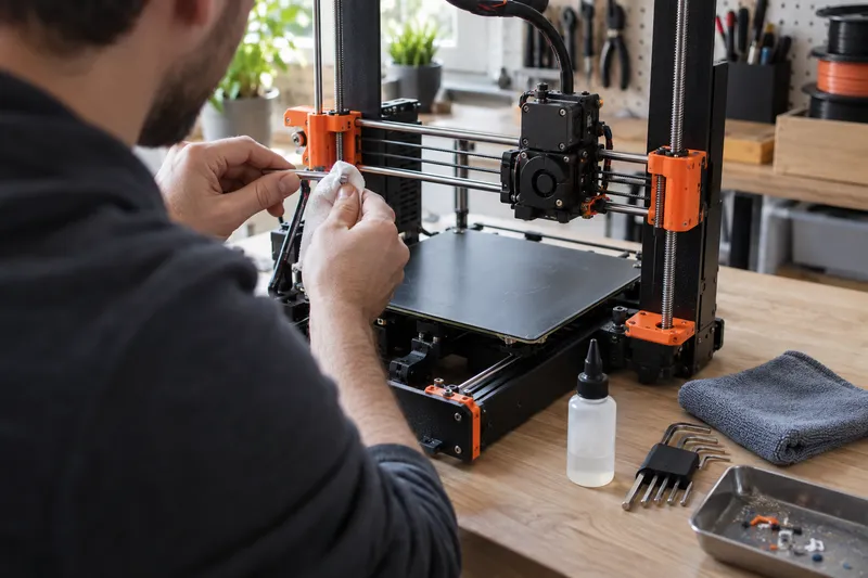 Údržba stolní 3D tiskárny s nářadím a mazivem na pracovním stole