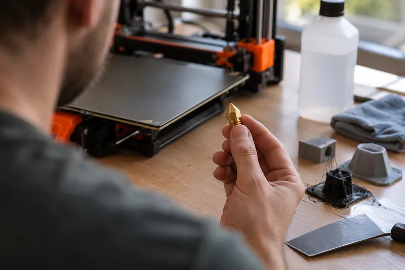 Mosazná tryska extruderu pro 3D tiskárnu položená na neutrálním podkladu.
