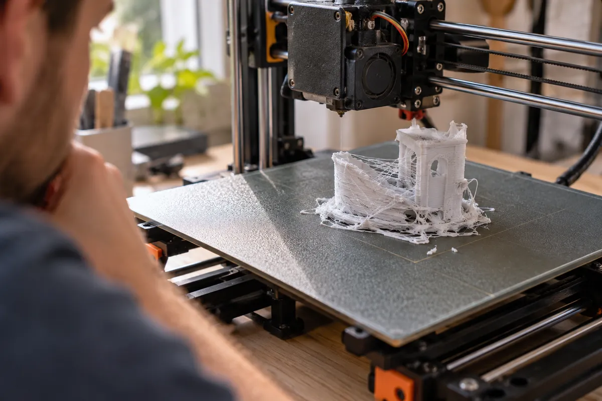 Vadný bílý model s chybami tisku na podložce 3D tiskárny