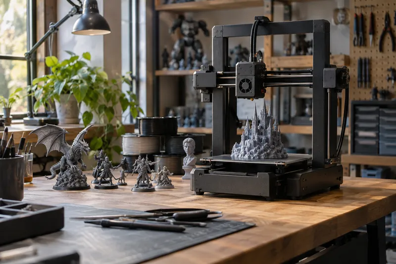 Stolní 3D tiskárna tiskne detailní hrad vedle hotových figurek pro modeláře